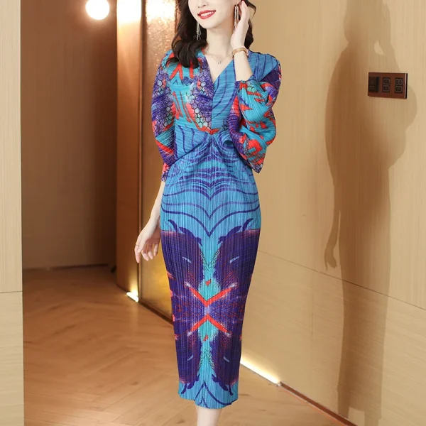 2025 Floral Printing Miyake Pleated Dress Printing Elastic Loose Casual Style Bat Sleeves Women Elegant Dresses - Image 4