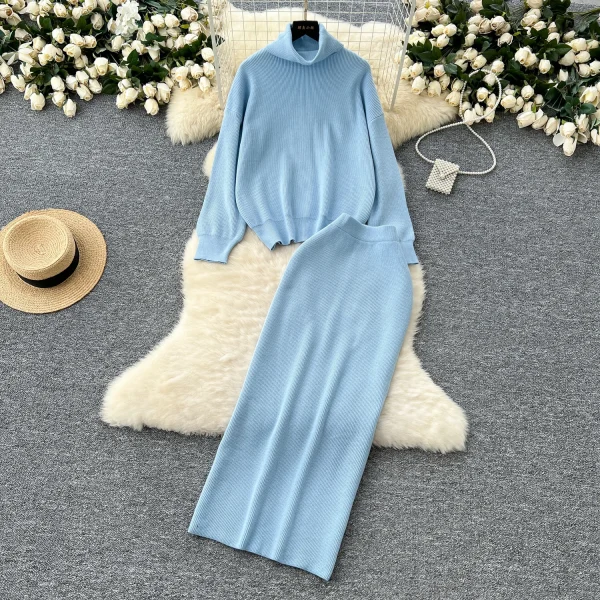LW0143 Gentle Wind Suit Dress Lazy With Turtleneck Long-Sleeved Sweater Slim-Fit Wrap Hip Skirt Ladies Two-Piece Set - Image 3