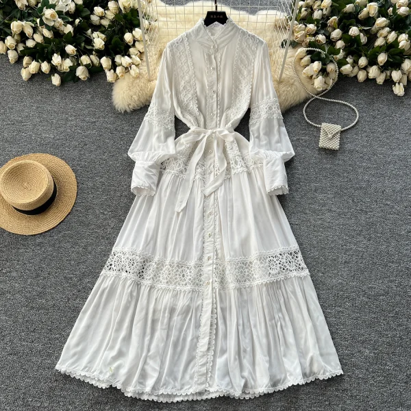 ZT1465 French Vintage Lace Patchwork Pearl Single Breasted Temperament Stand Collar Lantern Sleeve Big Swing Women's Dress - Image 5