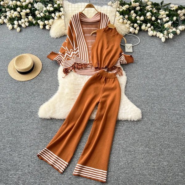 LW0098 Gentle Wind All Match Color Fringed Shawl Coat Sweater Sleeveless Vest High Waist Wide Leg Pants  Set - Image 2
