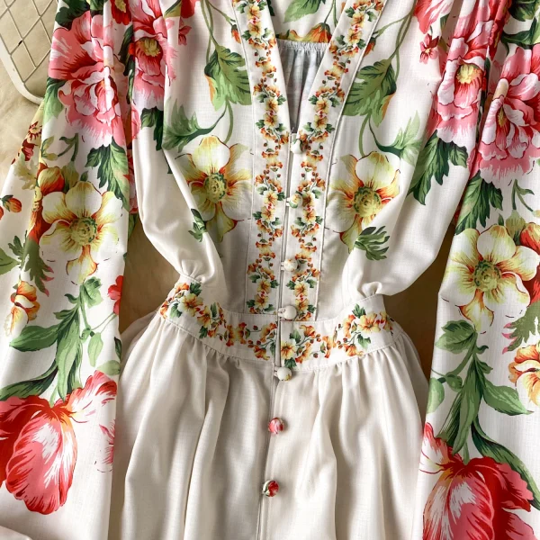 ZT1479 European Printed Dress Female Summer Lantern Sleeve Waist Single-breasted Luxury Unique Temperament Maxi Dress - Image 6