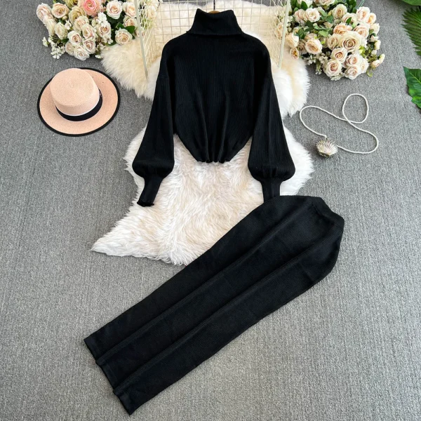 LE4755 Women'S Winter Pant Sets Vintage Turtleneck Loose-Fitting Knit Sweater Two-Piece High Fanny Pack Hip Skirt - Image 2