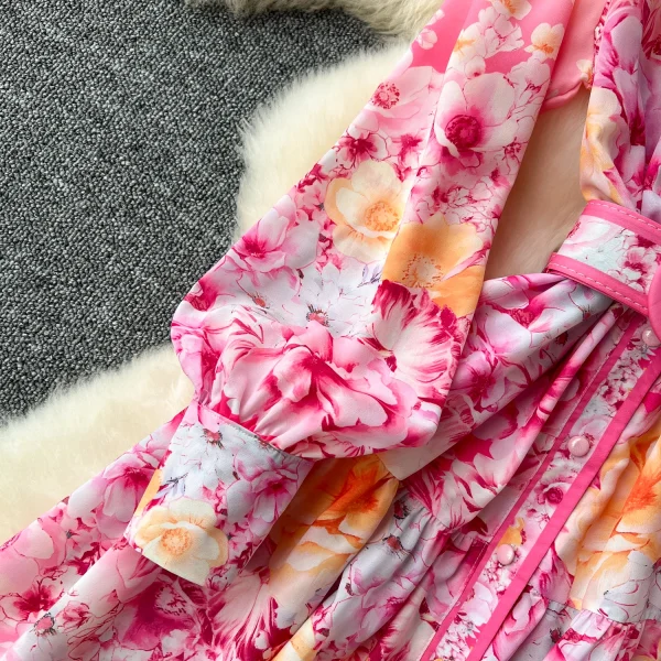 ZT1501 European Fashion Print Dress Female Niche Vintage Long Sleeves V-neck Single-breasted Long Swing Holiday Dress - Image 6