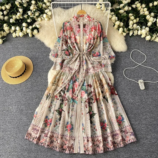 ZT1478 European Vintage Court  Printed Dress Female Lantern Sleeve Waist Strap Single-breasted Temperament Maxi Dress