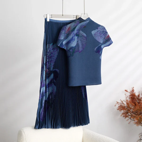LE1085 Miyake Flower Printed Two Piece Outfit Pleated Stand Long Sleeve Top Pleated Skirt Two Piece Set - Image 3