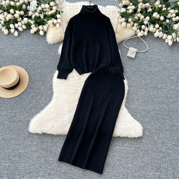 LW0143 Gentle Wind Suit Dress Lazy With Turtleneck Long-Sleeved Sweater Slim-Fit Wrap Hip Skirt Ladies Two-Piece Set - Image 6