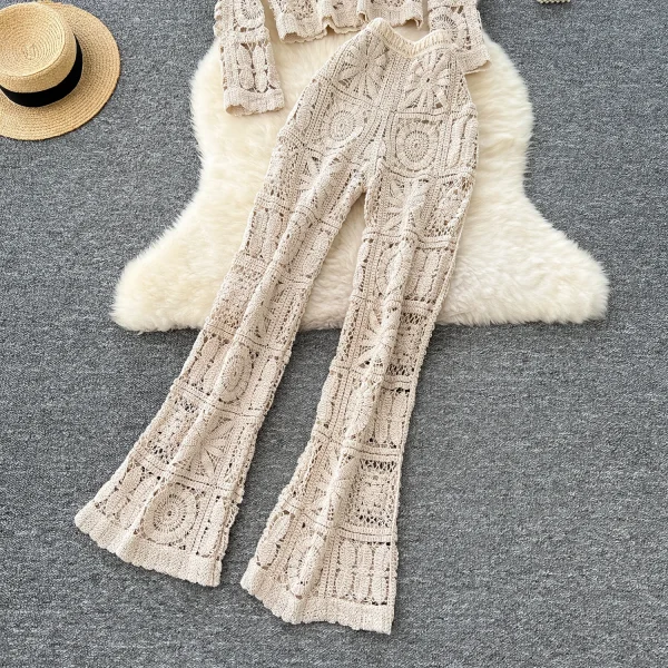 LW0127 Korean Female Hollowed-Out Hook Flower V-Neck Short Cardigan Knit Coat High-Waisted Casual Pants Two-Piece Set - Image 2
