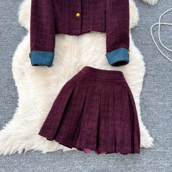 LW0099 British Style Suit Women Contrast Color Lapel Short Metal Buckle Coat High Waist Pleated Skirt Two-Piece Ladies - Image 6