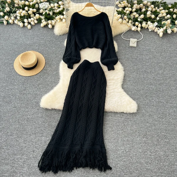 LW0151 Gentle Wind Wear Two-Piece Women'S Fall/Winter Jumper Long-Sleeved Short Twist Sweater Knitted Fringe Skirt - Image 4