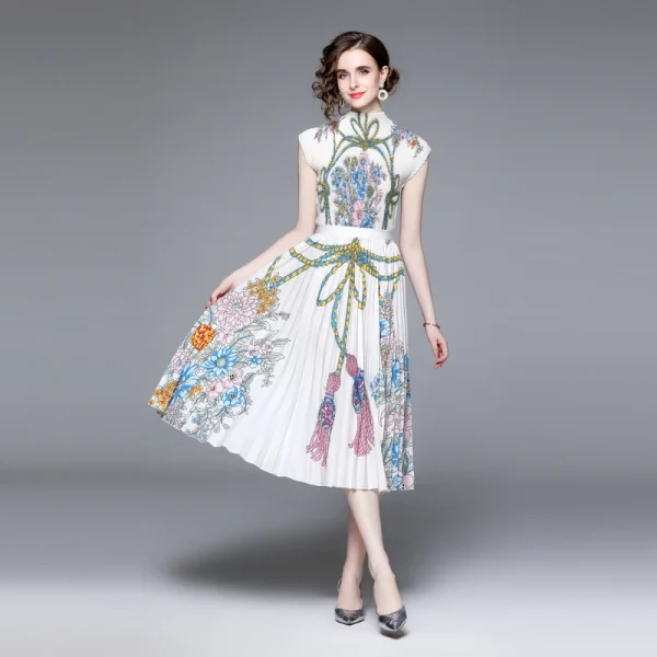 Floral Printing Miyake Pleated Women Suit Slim Print Stand Collar Short Sleeve Top+loose Slim Skirt Casual Party Two Piece Sets