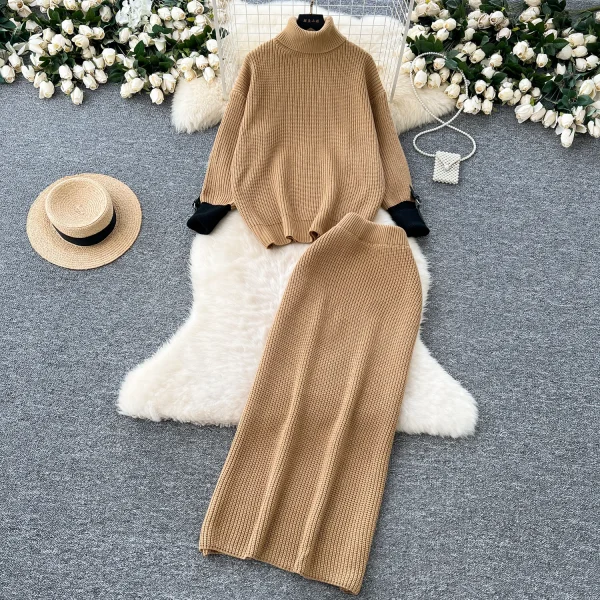 LW0141 Turtleneck Matching Color Pullover Sweater Women'S High Waist Slim Mid-Length Skirt Women'S Sweater Two Sets