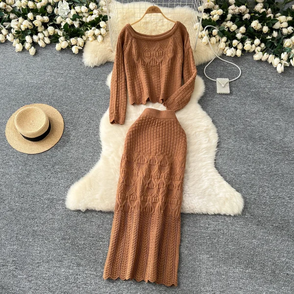 LW0124 Knit Set Skirt Women'S Slouchy High-Level Sense With Short Twist Sweater High-Waisted Slim-Fit Skirt Two-Piece Female