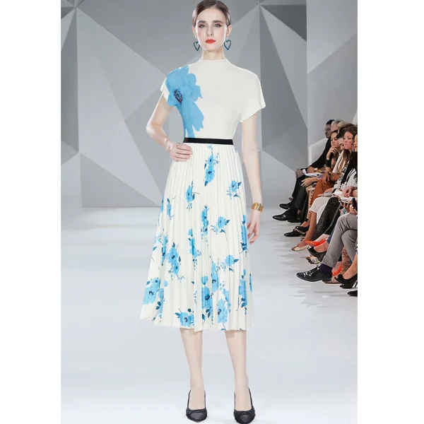Floral Print Large Size Pleated Top High Waist Long Pleated Skirt Elegant Miyake Press Pleated Design Boutique Women'S Suit - Image 2