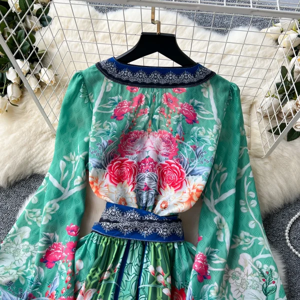 ZT1510 European Women Dress Design Sense V-neck Cross Strap Waist Floral Elegant Printed Dress Chiffon Maxi Dress - Image 6