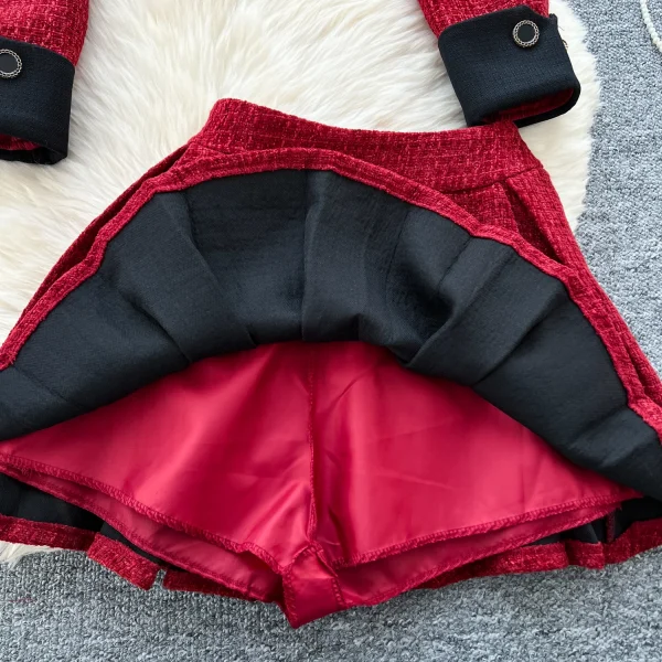 LW0116 French Girl Small Fragrance Color Bow Button Short Long Sleeve Coat High Waist Pleated Skirt Ladies Two-Piece Set - Image 6