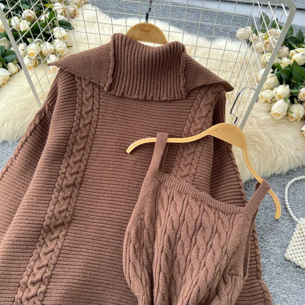LW0610 Gentle Wind Sweet Halter Twist Knitted Dress Female Long-Sleeved Sweater Coat Female Skirt Two Piece Set for Ladies - Image 6