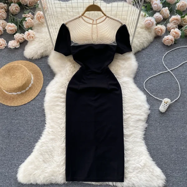ZT1533 High-end Elegant Mesh Beaded Banquet Evening Gown  Summer 2025 New Slim-fit Temperament Slimming Midi Dress Women