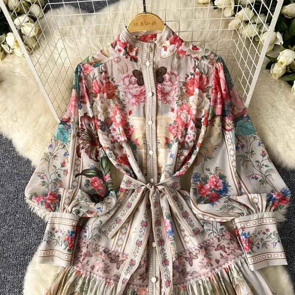 ZT1478 European Vintage Court  Printed Dress Female Lantern Sleeve Waist Strap Single-breasted Temperament Maxi Dress - Image 2