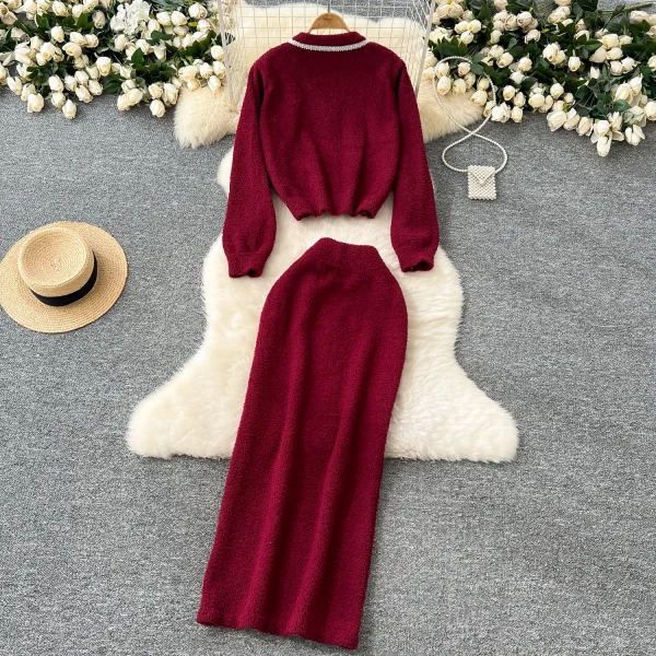 LE4762 2025 Winter Pant Sets Advanced Sense Heavy Industry Nailed Bead Round Neck Long Sleeve Sweater High Waist Slim-Fit Skirt - Image 4