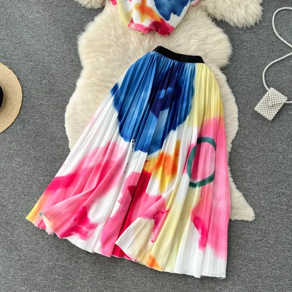 LE1298 Hot Sell Women'S Printed Pleated Casual Suit Loose Plus Size Print Pleated Top Long Skirt 2 Piece Set - Image 3