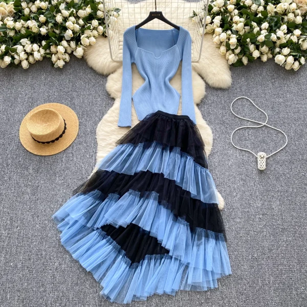 LE4760 Senior Sense Royal Pant Sets Sister Set Women'S Autumn Square Neck Knitwear High Waist Slimming Gauze Half Cake Skirt