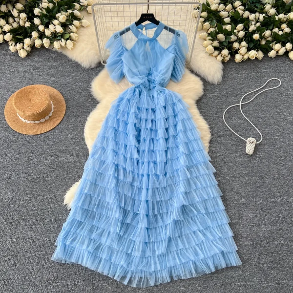 ZT1544 French Niche Elegant Dress Women's Senior Lace Short-sleeved Waist Slimming Multi-layer Temperament  Maxi Dress - Image 3