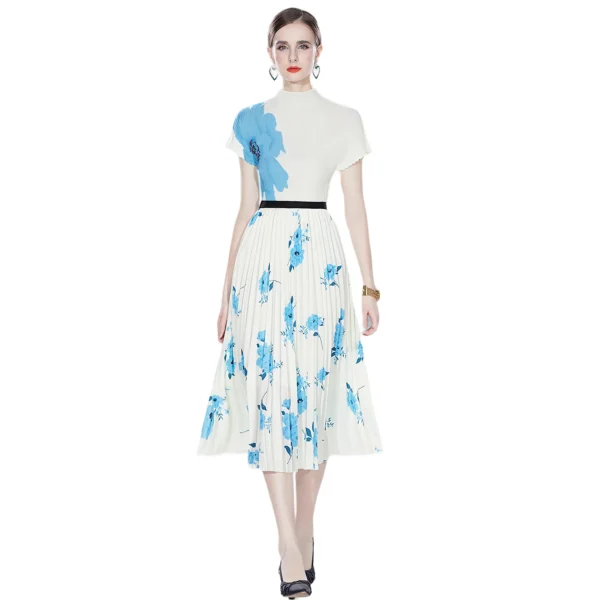 Floral Print Large Size Pleated Top High Waist Long Pleated Skirt Elegant Miyake Press Pleated Design Boutique Women'S Suit