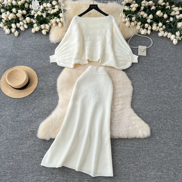 LW0122 Advanced Sense Sweater Smock Coat Loose Bat Sleeve Sweater High-waisted Slim-fit Skirt Women's Two-piece Suit - Image 2