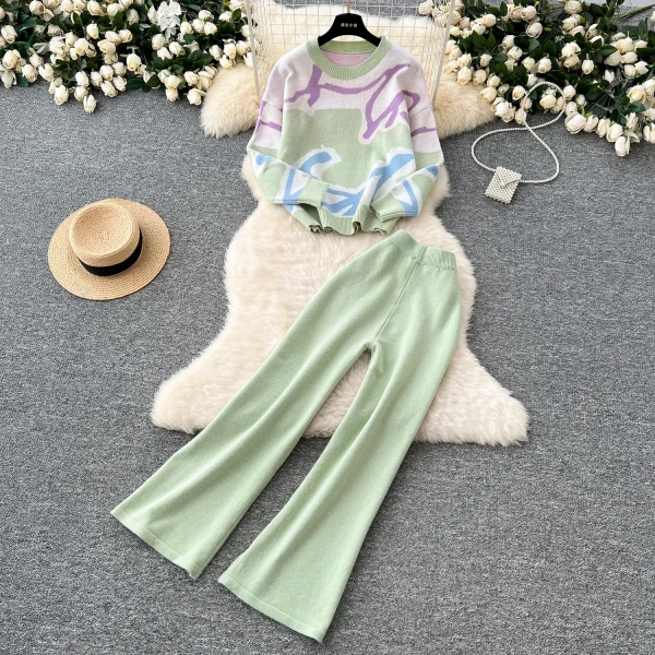 LW0102 Contrasting Color Line Knitwear Women'S Crew Neck Long Sleeve Pullover Sweater High Waist Wide Leg Pants Two-Piece Set - Image 3