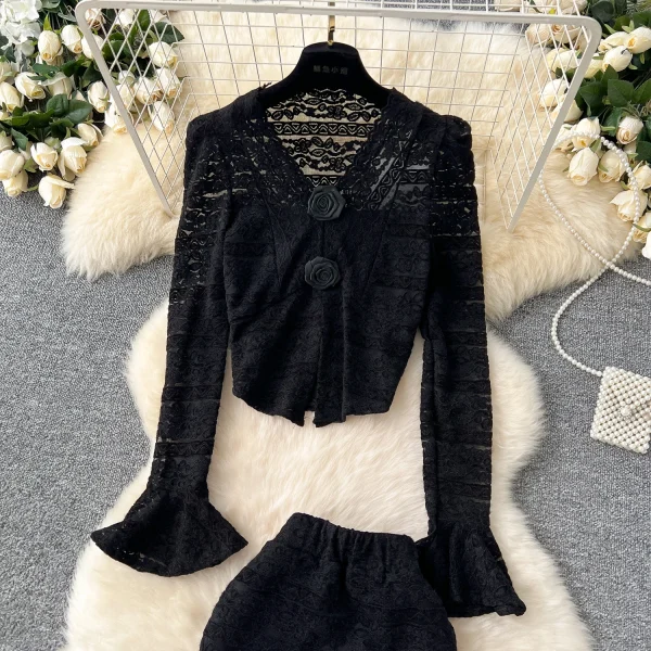 LW0100 Advanced Sense Rose Flower V-Neck Flared Sleeve Top Women'S High Waist Slim-Fit Skirt Lace Two-Piece Set - Image 6