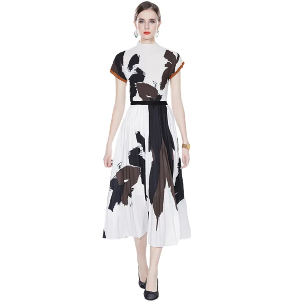 LE1339 High Quality 2025 Pleat Clothing Casual Style Printed Short Sleeve Top and Printed Long Pleated Skirt Two Piece Sets - Image 2
