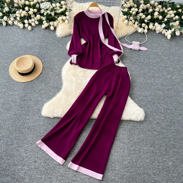 LW0147 Women'S Two-Piece Crew-Neck Tie With Lantern Sleeve Knitted Top High-Waisted Casual Pants Women 2 Piece Winter Suit - Image 4