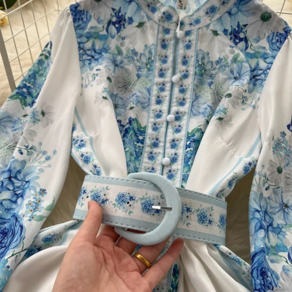 ZT1491 European Retro Vintage Stand Collar Single Breasted Long Sleeve Woman Clothes High-end Printed Elegant Dress - Image 6