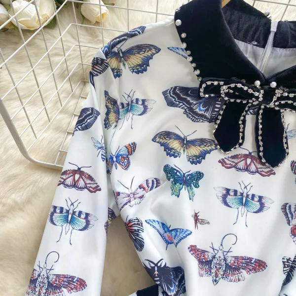 ZT1483 European Retro Nailed Beaded Diamond Bow Collar Long Sleeve Fashion Woman Clothes High-end Printed Elegant Dress - Image 6