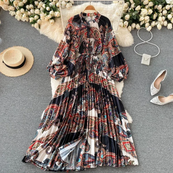 ZT1530 French Vintage Long-sleeved Shirt Dress Elegant Retro Temperament Splice Elegant Printed High-end Holiday Maxi Dress - Image 2