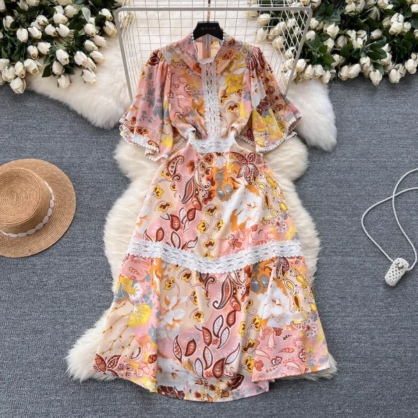 ZT1456 Printed Dress Woman Clothes Floral Dress  Senior Sense  Retro Elegant Lantern Long Sleeve Waist Pleated Dress
