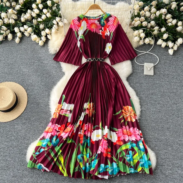 ZT1520 Ladies  Luxury High-end Dress Elegant New Summer Slim Loose Waist Reducing Age Printed Mid-sleeve Pleated Midi Dress - Image 5