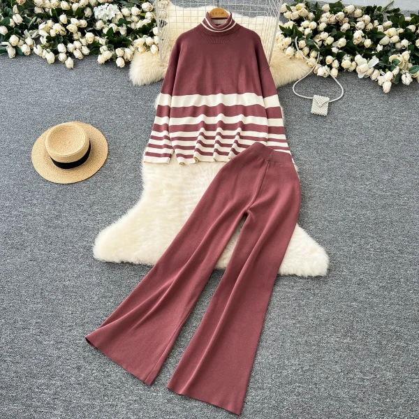 LW0150 Casual Wear With Women'S Turtleneck Matching Striped Knitwear Women'S High-Waisted Pants Sweater Women'S Two-Piece Set - Image 2