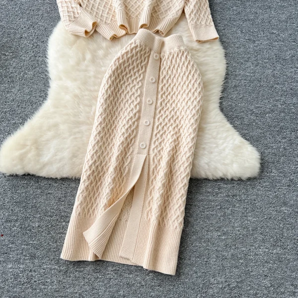 LW0132 Korean Wear With Women'S New Autumn Lazy Loose Set Head V-Neck Knit Top High Waist Slit Skirt Ladies Two Sets - Image 5