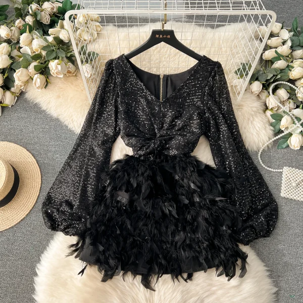 ZT1548 2025 Early Spring New Short Dresses Socialite High-end Sequin Puffed Sleeve Stitching Feather Wrap Hip Dress Evening Gown - Image 5