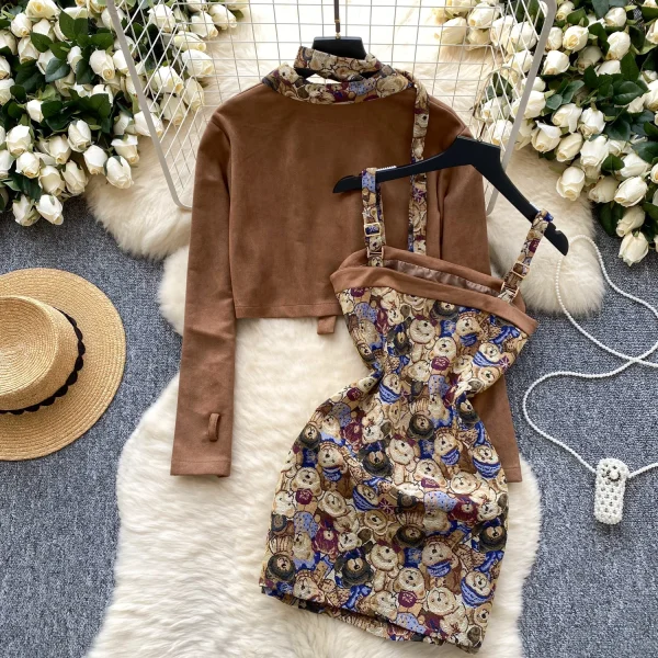 LW0126 Vintage Bear Jacquard Waistband Dress Women'S Short Deerskin Velvet Coat Preppy Two-Piece Suit - Image 3