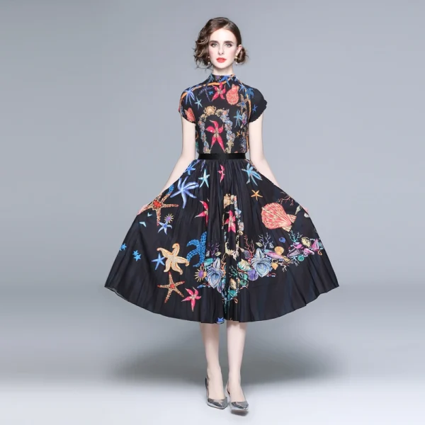 Accept Feminine Printing Pleated Set Boutique Women 2025 Fashion Slim Pleated Turtleneck T-Shirt Top Long Skirt Suit - Image 3
