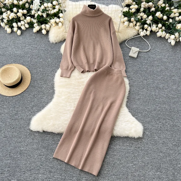 LW0143 Gentle Wind Suit Dress Lazy With Turtleneck Long-Sleeved Sweater Slim-Fit Wrap Hip Skirt Ladies Two-Piece Set - Image 4