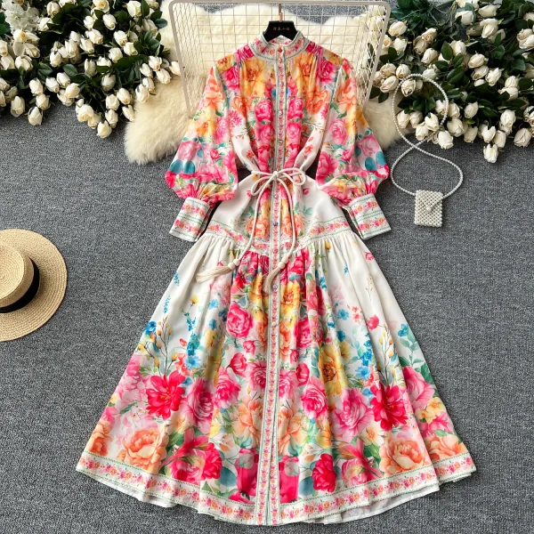ZT1504 Vintage Stand Collar Lantern Long-sleeved Big Swing Dress Women Floral Printed Dress Elegant Midi Dresses - Image 3