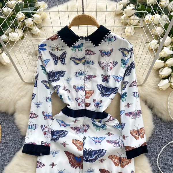 ZT1483 European Retro Nailed Beaded Diamond Bow Collar Long Sleeve Fashion Woman Clothes High-end Printed Elegant Dress - Image 5