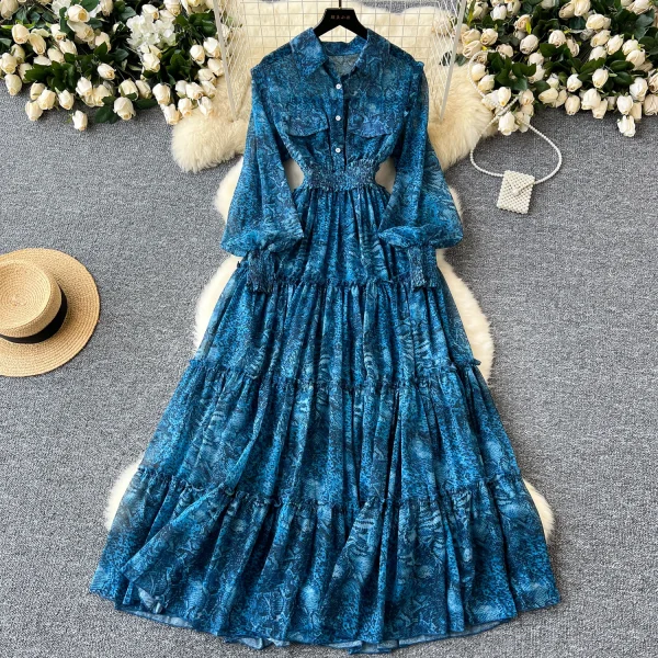 ZT1554 Luxury Vintage Women's New  Slimming Lantern Sleeve Single Breasted Floral Printed Elegant Maxi Dress