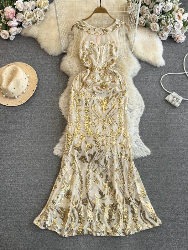 ZT1562  Fashion Banquet Host Round Neck Waist Fringe Sequins Elegant Sexy A-line Fishtail Wrapped Hip Maxi Dress Evening Gown - Image 3