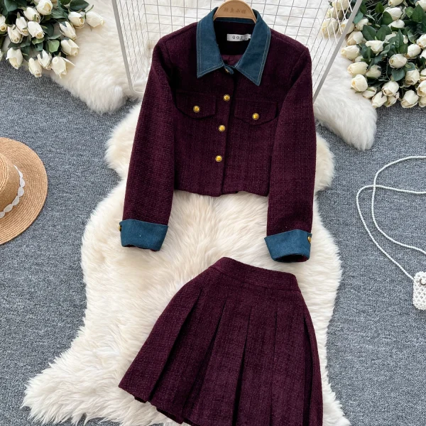 LW0099 British Style Suit Women Contrast Color Lapel Short Metal Buckle Coat High Waist Pleated Skirt Two-Piece Ladies - Image 4