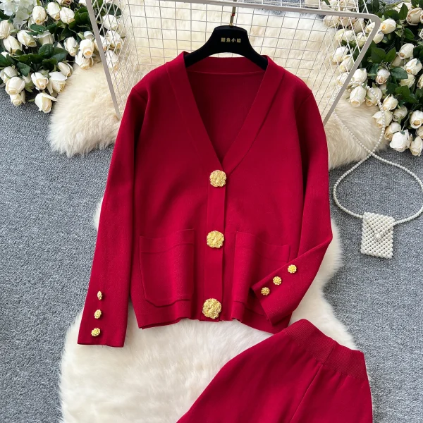 LW0104 Small Fragrant Wind Two-Piece Women'S Metal Button Sweater Sweater Sweater Casual Pants Two-Piece Ladies - Image 6