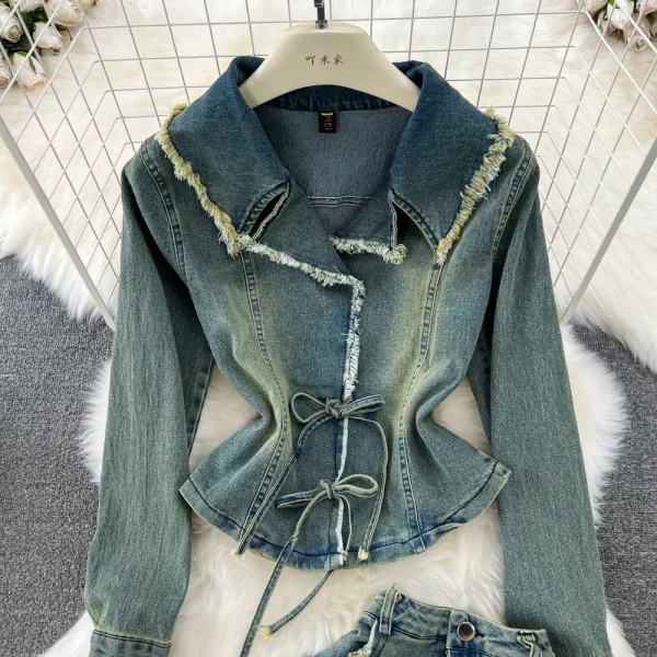 LE4752 Fashion Suit Women Fashion Denim Short Jacket Two-Piece Set High Waist Slimming Fish Tail Wrap Hip Skirt - Image 3